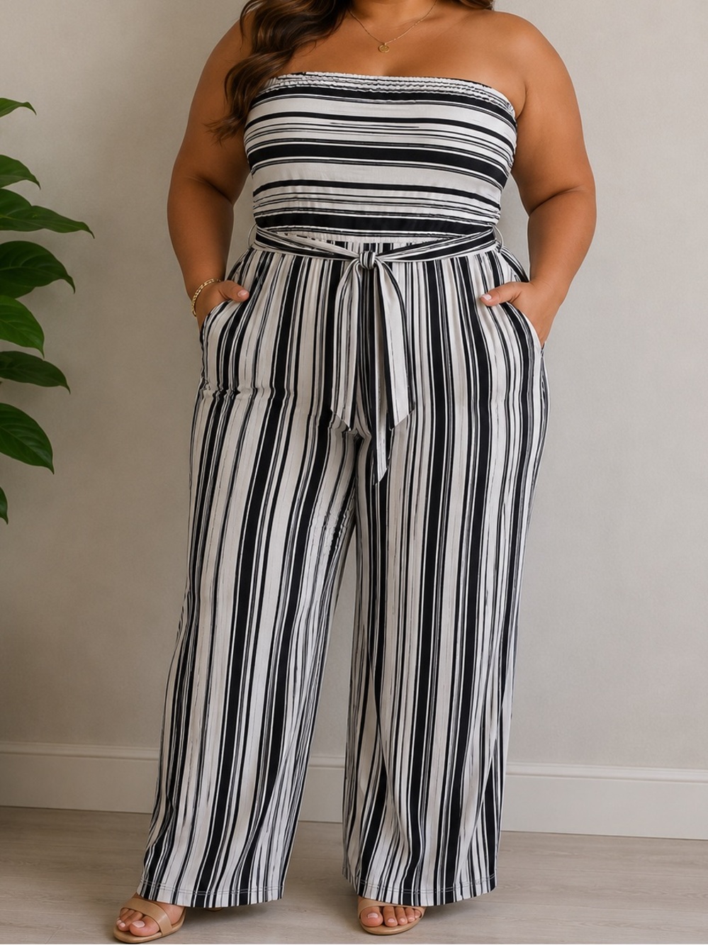 Striped Strapless Wide-Leg Jumpsuit - Black & White